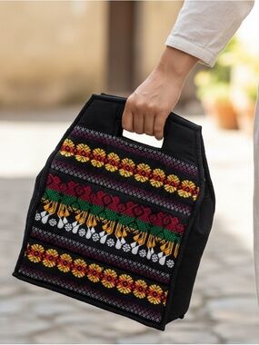 Women’s Black Embroidered Woven Handbag Ethnic Boho Top Handle Purse Zip Closur